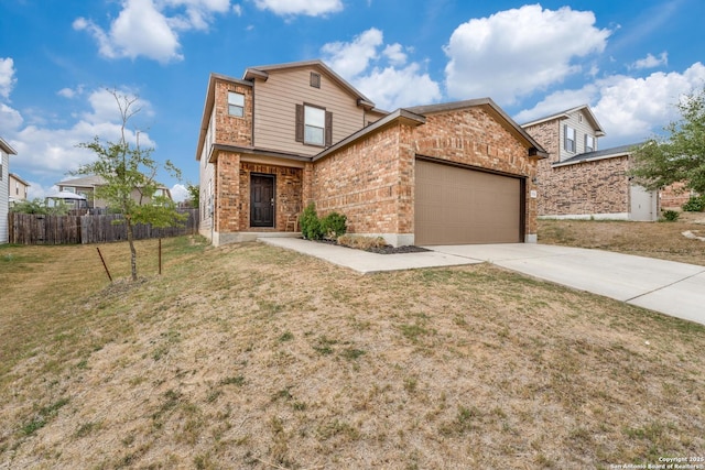 8514 Bayliss Pt, San Antonio, TX 78252 - traditional-style house featuring brick siding, an attached garage, and driveway