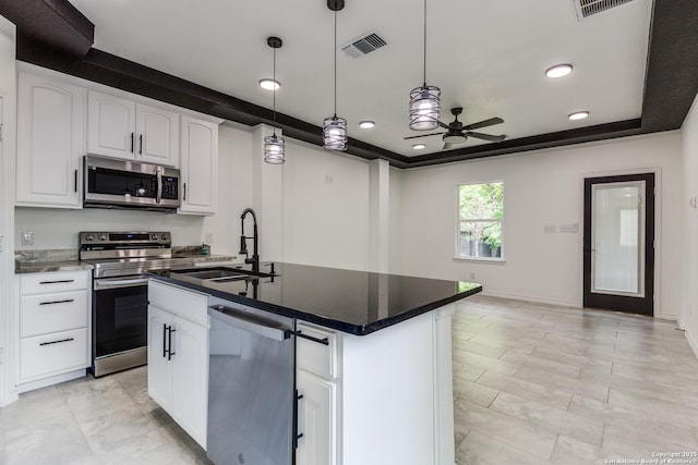 623 Recio St, San Antonio, TX 78225 - kitchen with stainless steel appliances, a sink, a ceiling fan, a tray ceiling, and recessed lighting