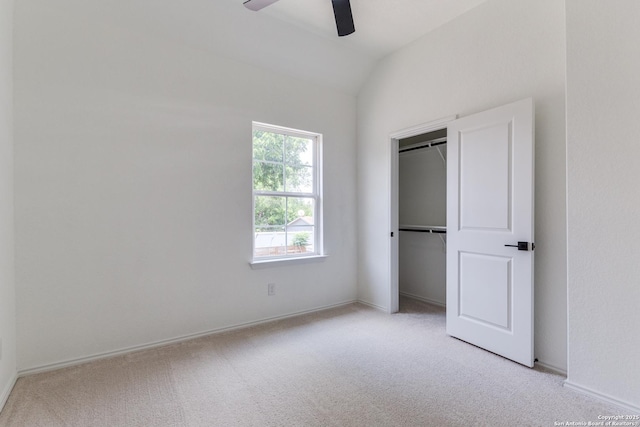 623 Recio St, San Antonio, TX 78225 - unfurnished bedroom with light carpet, vaulted ceiling, a ceiling fan, a closet, and baseboards