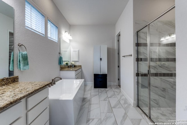 28806 Oldlyme, San Antonio, TX 78260 - full bathroom featuring marble look tile flooring, a stall shower, a tub, and vanity