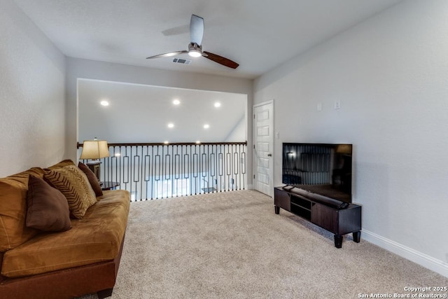 28806 Oldlyme, San Antonio, TX 78260 - living room with ceiling fan, carpet, and baseboards