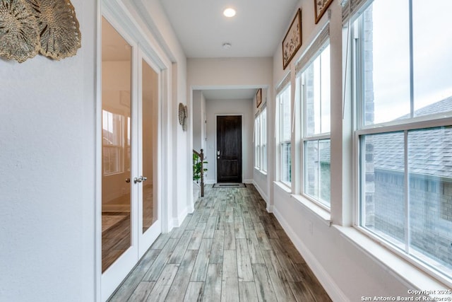 28806 Oldlyme, San Antonio, TX 78260 - hallway with wood finished floors, baseboards, french doors, and recessed lighting