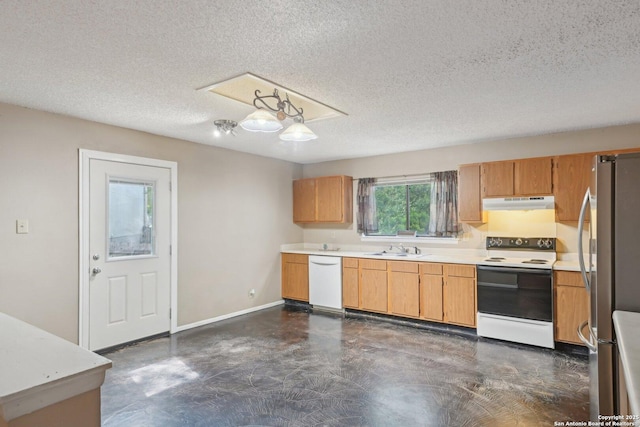 10222 Eagle Blf, San Antonio, TX 78249 - kitchen featuring white appliances, under cabinet range hood, a sink, light countertops, and a textured ceiling