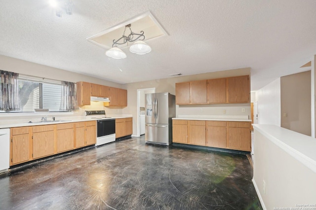 10222 Eagle Blf, San Antonio, TX 78249 - kitchen with white appliances, a sink, light countertops, a textured ceiling, and under cabinet range hood