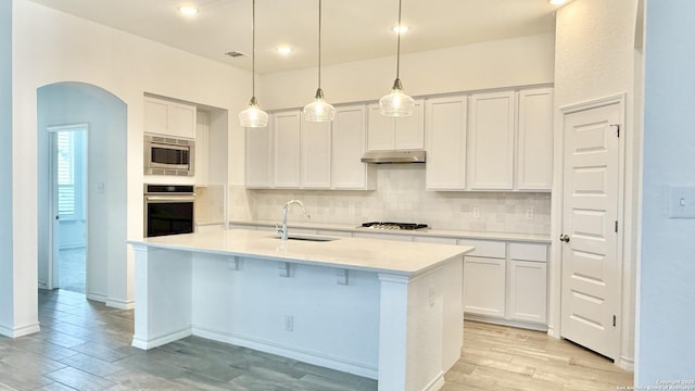 10828 Bango Farms, San Antonio, TX 78254 - kitchen featuring appliances with stainless steel finishes, a sink, under cabinet range hood, backsplash, and arched walkways