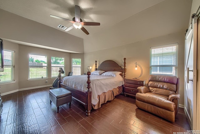 1009 Oak Rdg, Schertz, TX 78154 - bedroom with dark wood-style flooring, baseboards, lofted ceiling, and a ceiling fan
