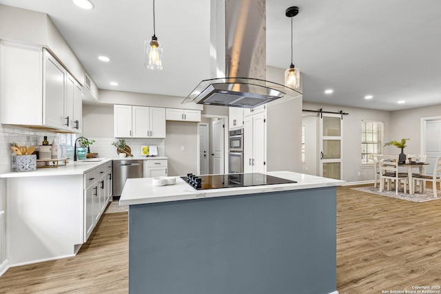 371 Pike, San Antonio, TX 78209 - kitchen with island range hood, stainless steel appliances, a barn door, a sink, and light wood-type flooring