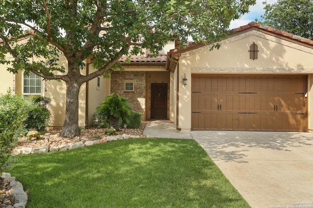 22450 Viajes, San Antonio, TX 78261 - mediterranean / spanish-style home featuring a tiled roof, stucco siding, concrete driveway, a front yard, and a garage