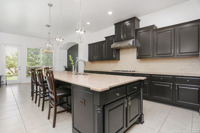 22450 Viajes, San Antonio, TX 78261 - kitchen featuring a sink, under cabinet range hood, backsplash, a kitchen breakfast bar, and lofted ceiling