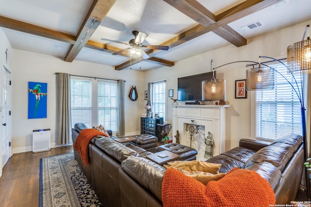 2045 W Mistletoe Ave, San Antonio, TX 78201 - living room with coffered ceiling, baseboards, ceiling fan, dark wood-style floors, and beam ceiling