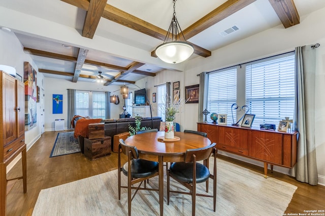 2045 W Mistletoe Ave, San Antonio, TX 78201 - dining area featuring coffered ceiling, light wood-style floors, beam ceiling, plenty of natural light, and a ceiling fan