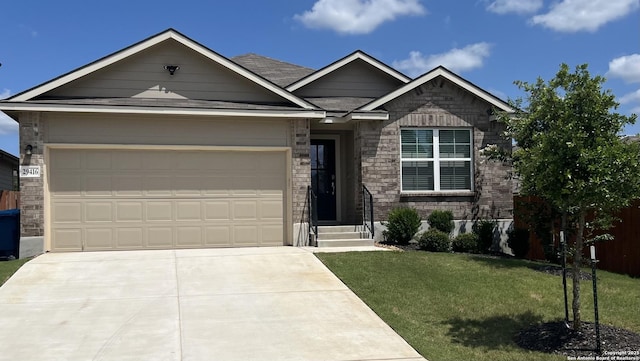 29416 Autumn Copper, Bulverde, TX 78163 - view of front facade with concrete driveway, an attached garage, and a front lawn