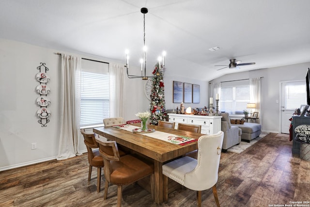 29416 Autumn Copper, Bulverde, TX 78163 - dining space featuring dark wood-style flooring, baseboards, a chandelier, and lofted ceiling