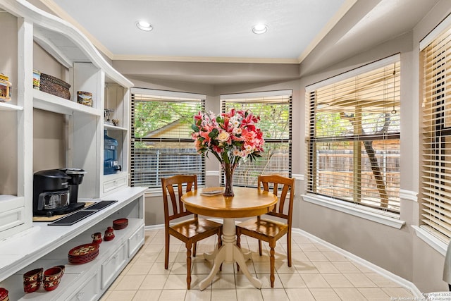 2002 Encino Vly, San Antonio, TX 78259 - dining room featuring ornamental molding, light tile patterned floors, recessed lighting, and baseboards
