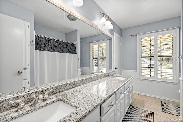 2002 Encino Vly, San Antonio, TX 78259 - bathroom with double vanity, toilet, a wainscoted wall, wood finished floors, and curtained shower