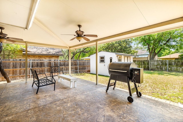 2002 Encino Vly, San Antonio, TX 78259 - view of patio / terrace featuring a ceiling fan, an outbuilding, and a grill