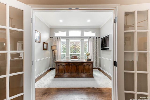 6502 Amber Oak, San Antonio, TX 78249 - office space with crown molding, dark wood-style floors, and baseboards