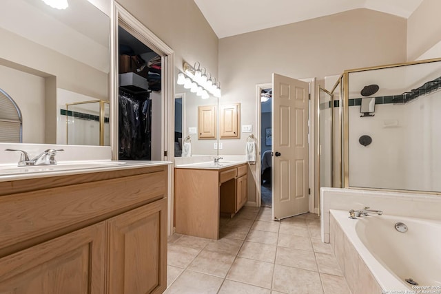 6502 Amber Oak, San Antonio, TX 78249 - full bath with a shower stall, tile patterned flooring, a garden tub, vanity, and lofted ceiling