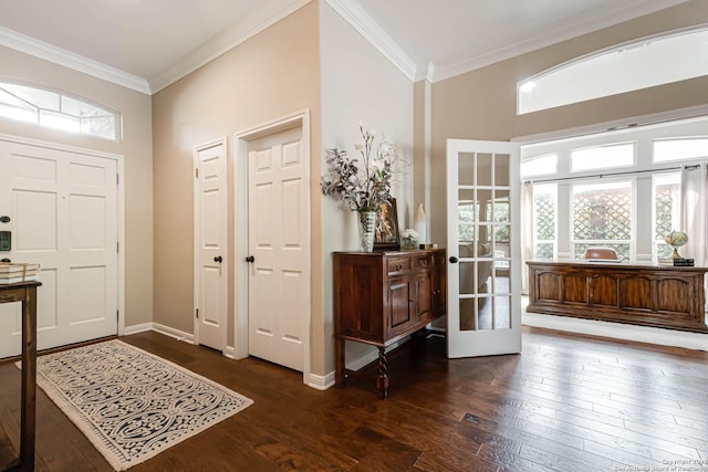 6502 Amber Oak, San Antonio, TX 78249 - entrance foyer featuring ornamental molding, dark wood-type flooring, baseboards, french doors, and a high ceiling