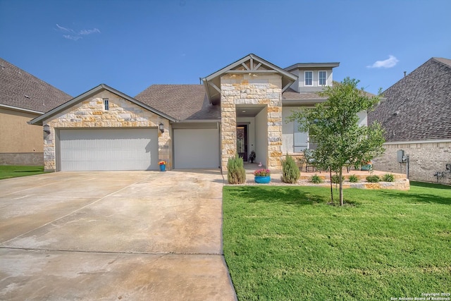 14815 Highdere, San Antonio, TX 78245 - view of front of home featuring stone siding, driveway, a front lawn, and an attached garage