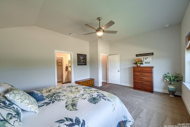 14815 Highdere, San Antonio, TX 78245 - bedroom featuring vaulted ceiling, carpet, a ceiling fan, baseboards, and ensuite bath