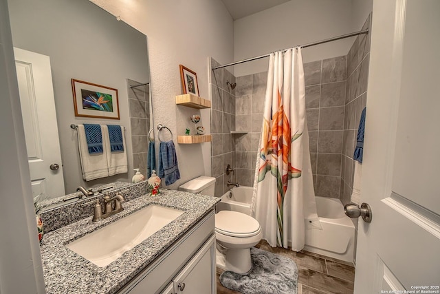 14815 Highdere, San Antonio, TX 78245 - bathroom with vanity, toilet, shower / bathtub combination with curtain, and wood finished floors