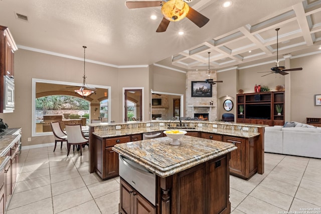 208 Cascade Caverns, Boerne, TX 78015 - kitchen featuring ceiling fan, a spacious island, a warming drawer, open floor plan, and coffered ceiling