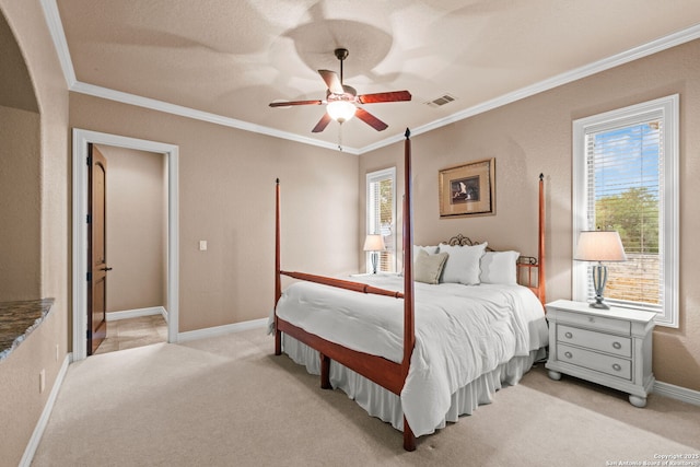 208 Cascade Caverns, Boerne, TX 78015 - bedroom with crown molding, multiple windows, light colored carpet, and baseboards