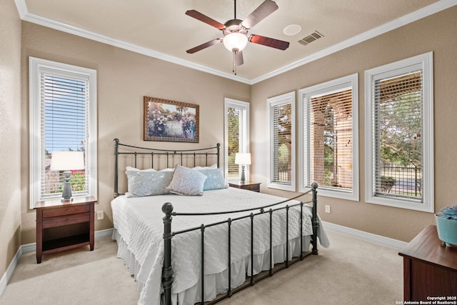 208 Cascade Caverns, Boerne, TX 78015 - bedroom featuring light carpet, crown molding, baseboards, and a ceiling fan