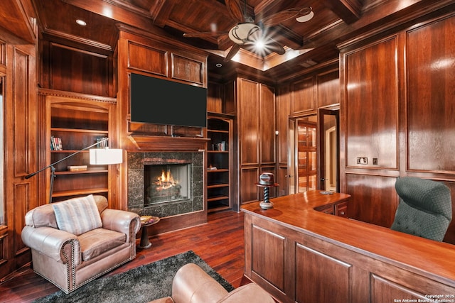 208 Cascade Caverns, Boerne, TX 78015 - office featuring wooden ceiling with exposed beams, wood walls, a fireplace, dark wood-style flooring, and crown molding