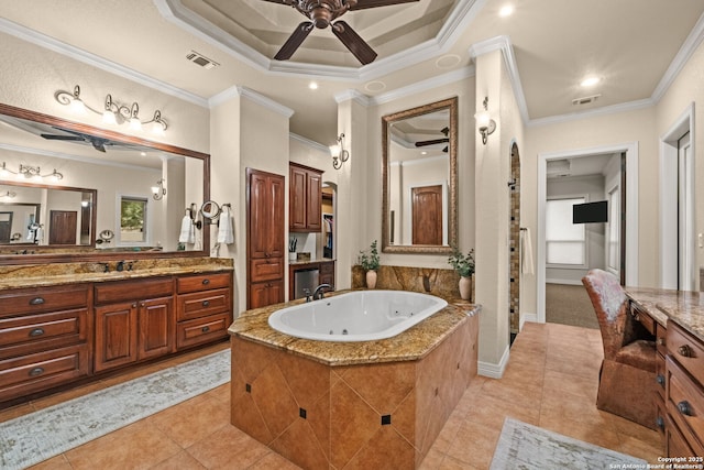 208 Cascade Caverns, Boerne, TX 78015 - full bath with a ceiling fan, tile patterned floors, ornamental molding, vanity, and a tub with jets