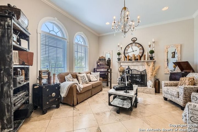 41 Champions Run, San Antonio, TX 78258 - living area featuring ornamental molding, a chandelier, tile patterned flooring, and a fireplace with raised hearth