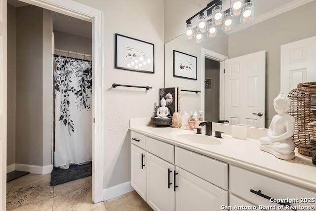 41 Champions Run, San Antonio, TX 78258 - full bathroom featuring vanity, baseboards, tile patterned floors, and curtained shower