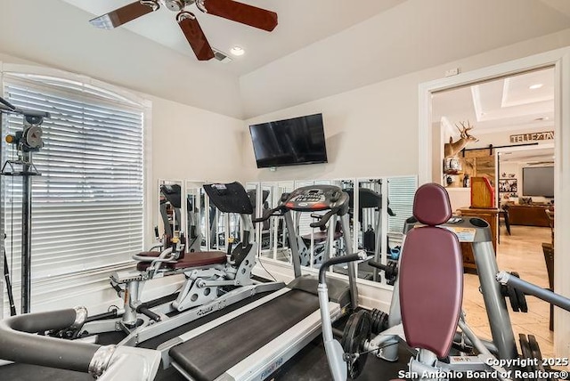 41 Champions Run, San Antonio, TX 78258 - gym featuring ceiling fan and vaulted ceiling
