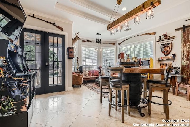 41 Champions Run, San Antonio, TX 78258 - bar area with french doors, ornamental molding, light tile patterned flooring, and a raised ceiling