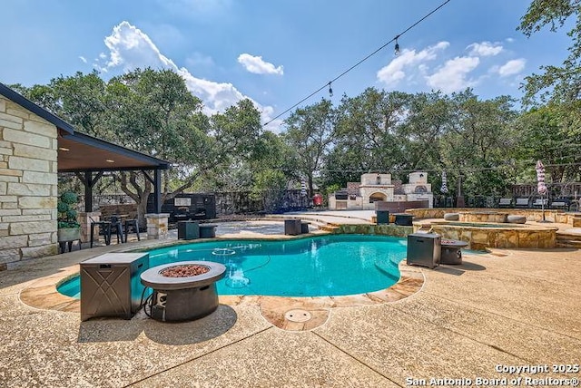 41 Champions Run, San Antonio, TX 78258 - view of pool featuring a patio, a fire pit, and a gazebo