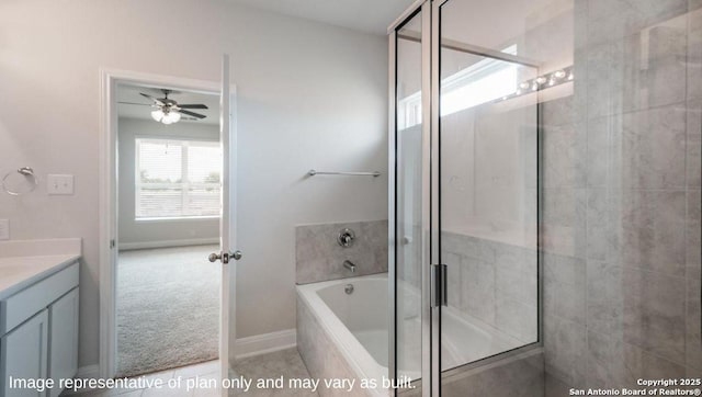21055 Millstream Bnd, San Antonio, TX 78266 - bathroom featuring ceiling fan, a garden tub, vanity, a shower stall, and baseboards