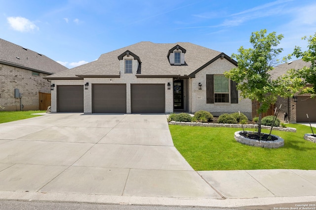 1817 Delafield, San Antonio, TX 78253 - french country style house with brick siding, an attached garage, a front yard, driveway, and roof with shingles