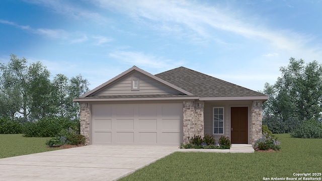 5030 Wichita Pike, San Antonio, TX 78253 - ranch-style house featuring concrete driveway, a front yard, a garage, a shingled roof, and stone siding