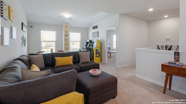 14623 Clay Ridge Run, San Antonio, TX 78253 - living room featuring light colored carpet, recessed lighting, vaulted ceiling, and baseboards