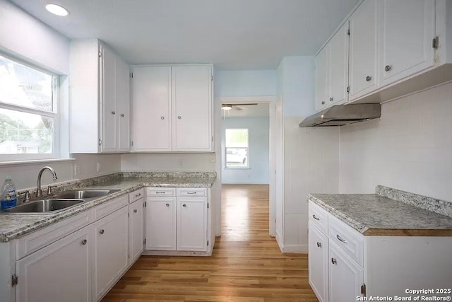 811 N Archer, Beeville, TX 78102 - kitchen featuring a sink, light wood-type flooring, ventilation hood, and white cabinetry
