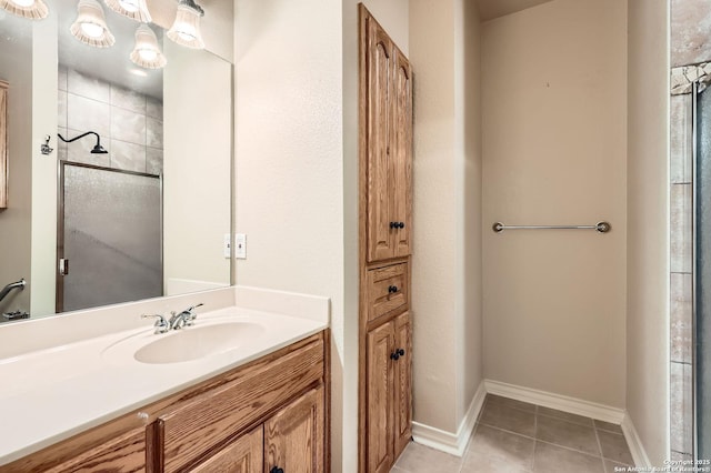 5718 Elam Way, San Antonio, TX 78261 - bathroom with vanity, a shower stall, tile patterned flooring, and baseboards