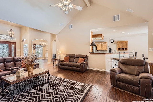 5718 Elam Way, San Antonio, TX 78261 - living room with arched walkways, high vaulted ceiling, a chandelier, wood-type flooring, and ceiling fan