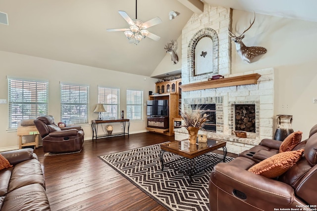 5718 Elam Way, San Antonio, TX 78261 - living room with high vaulted ceiling, wood finished floors, a ceiling fan, healthy amount of natural light, and beamed ceiling