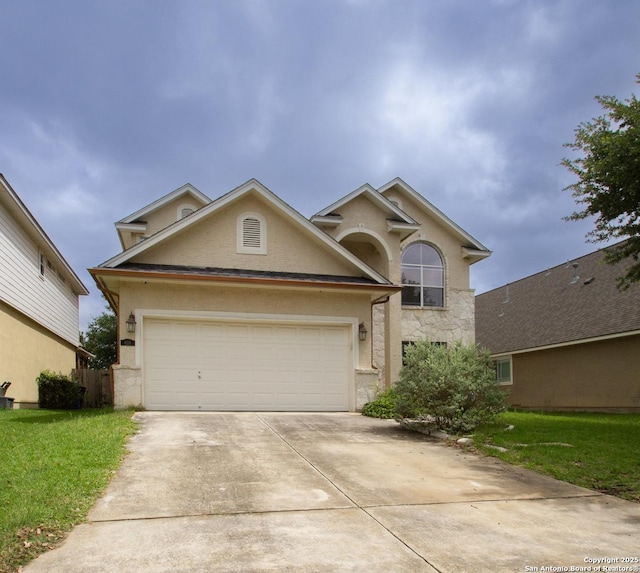 8219 Wayside Crk, San Antonio, TX 78255 - traditional-style house with driveway, stucco siding, an attached garage, and a front lawn