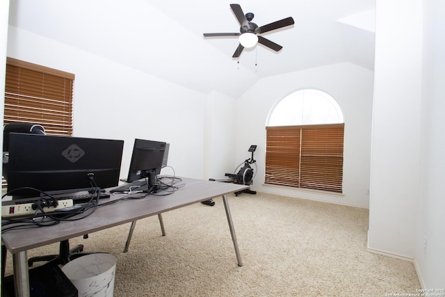 8219 Wayside Crk, San Antonio, TX 78255 - office featuring carpet flooring, lofted ceiling, a ceiling fan, and baseboards