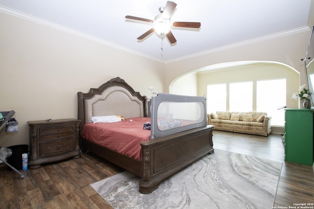 8219 Wayside Crk, San Antonio, TX 78255 - bedroom featuring wood finished floors, ornamental molding, and ceiling fan
