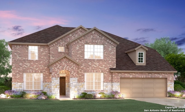 5118 Everly Ter, San Antonio, TX 78263 - view of front of home featuring stone siding, concrete driveway, brick siding, and a front lawn
