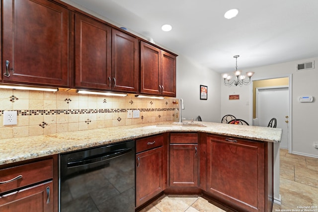 6431 Brookway, San Antonio, TX 78240 - kitchen with dishwasher, a sink, a peninsula, a chandelier, and backsplash