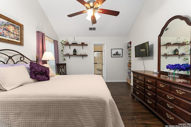 6431 Brookway, San Antonio, TX 78240 - bedroom with vaulted ceiling, dark wood-style flooring, baseboards, ceiling fan, and connected bathroom